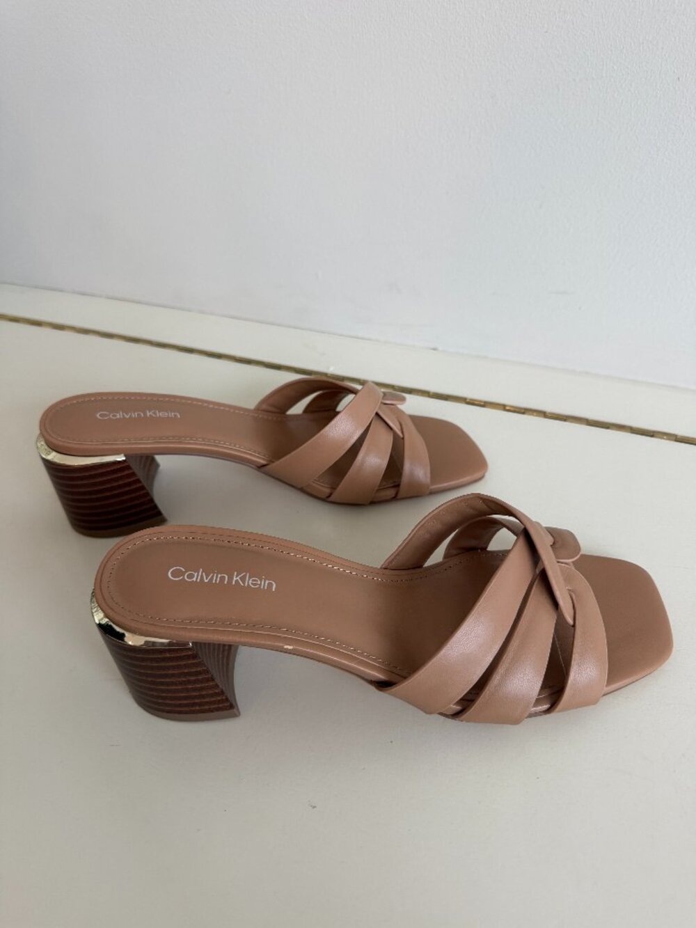Calvin Klein Nude Braided Strappy Block Heel Slide Sandals Size 6M